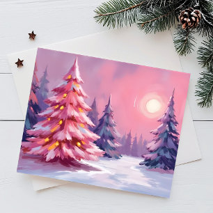 Rosa Weihnachtsbäume Pastell Winter Wasserfarben Feiertagskarte