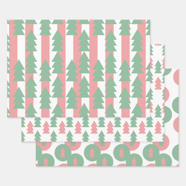 Rosa Weihnachtsbaumstreifen und -stecke Geschenkpapier Set (Set)
