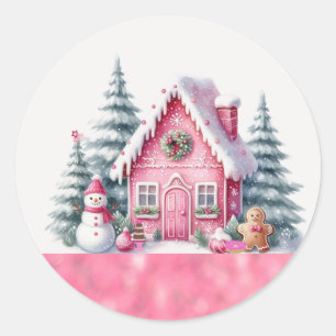 Rosa Weihnachtsdorf-Gebäckhaus Runder Aufkleber