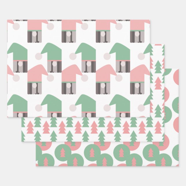 Rosa Weihnachtsgnomen Bäume und Ornamente Geschenkpapier Set (Set)