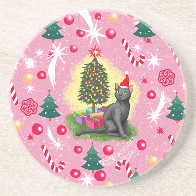 Rosa Weihnachtskatze Getränkeuntersetzer (Vorne)