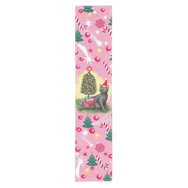Rosa Weihnachtskatze Kurzer Tischläufer (Vorderseite)