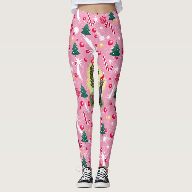 Rosa Weihnachtskatze Leggings (Vorderseite)