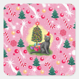 Rosa Weihnachtskatze Quadratischer Aufkleber