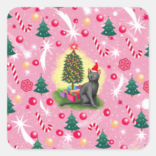 Rosa Weihnachtskatze Quadratischer Aufkleber