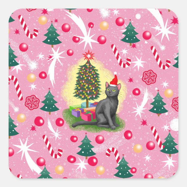 Rosa Weihnachtskatze Quadratischer Aufkleber (Vorderseite)