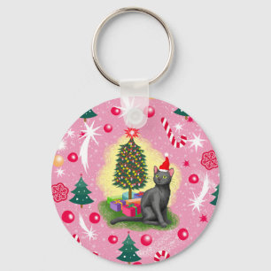 Rosa Weihnachtskatze Schlüsselanhänger
