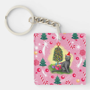 Rosa Weihnachtskatze Schlüsselanhänger
