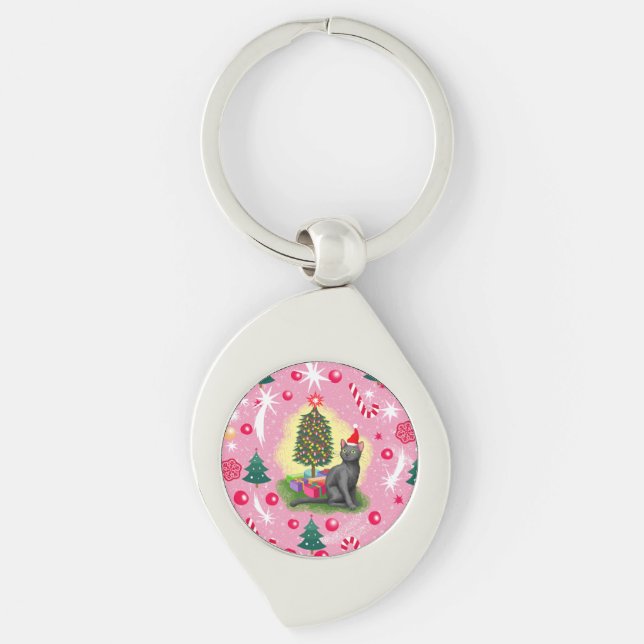 Rosa Weihnachtskatze Schlüsselanhänger (Vorderseite)