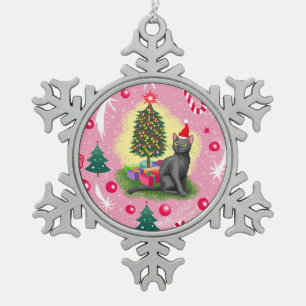 Rosa Weihnachtskatze Schneeflocken Zinn-Ornament