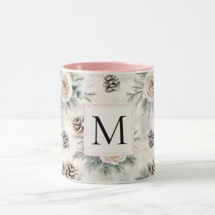 Rosa Weihnachtskiefernzapfen Florales Monogramm Tasse