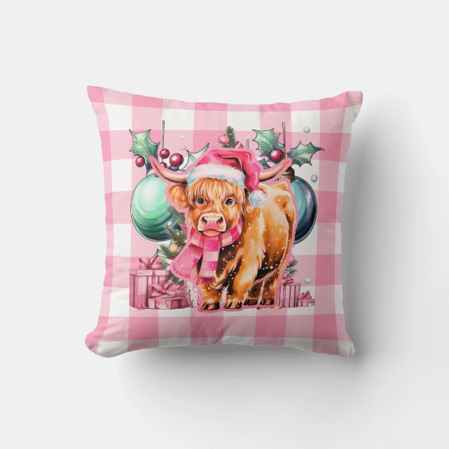 Rosa Weihnachtskühe Frohe Weihnachten Kariert Kissen (Vorderseite)