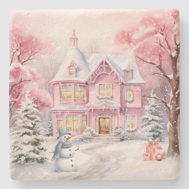 Rosa Weihnachtslandschaft Hütte Stone Untersetzer (Vorderseite)