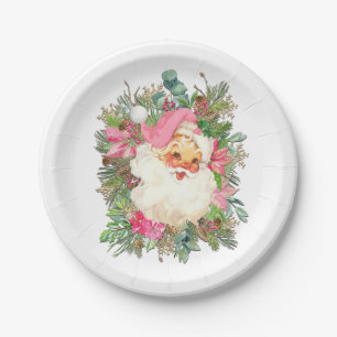Rosa Weihnachtsmann und Blumenspray Pappteller