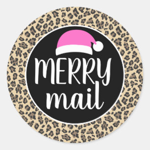 Rosa Weihnachtsmannmütze Tierdruckleopard Mermail Runder Aufkleber