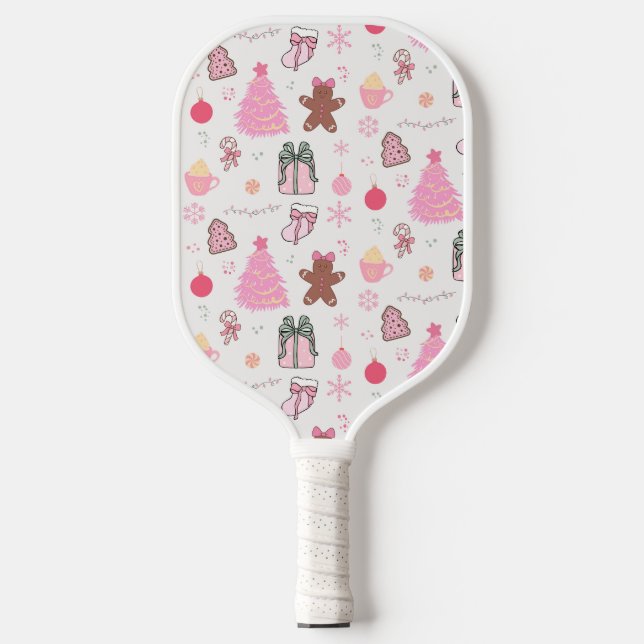 Rosa Weihnachtsmuster Pickleball Schläger (Vorderseite)
