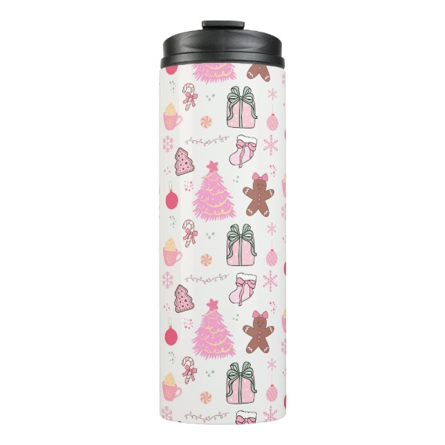 Rosa Weihnachtsmuster Thermosbecher (Vorderseite)