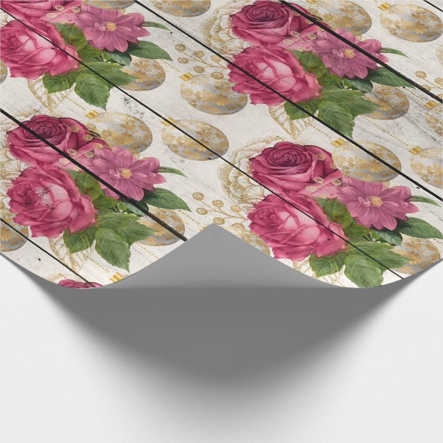 Rosa Weihnachtsschmuck auf Holz Geschenkpapier (Ecke)