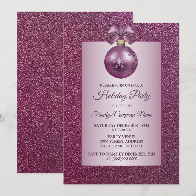 Rosa Weihnachtsschmuck Feiertage Party Glitzer Einladung (Vorne/Hinten)
