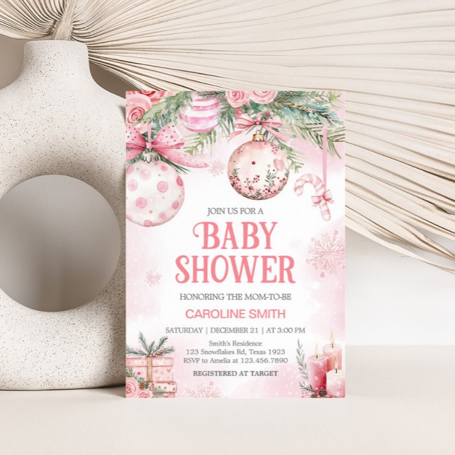 Rosa Weihnachtsschmuck Winter Baby Dusche Einladung (Pink Christmas Ornaments Baby Shower Invitation)