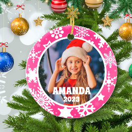 Rosa Weihnachtsschneeflocken Personalisiert Kids F Keramik Ornament