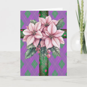 Rosa Weihnachtsstern Lila Karo Grünes Kreuzband Karte