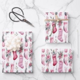 Rosa Weihnachtsverpackung mit Strümpfen Kiefernzwe Geschenkpapier Set