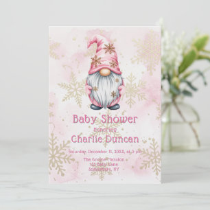 Rosa Weihnachtszwerg Gold Schneeflocken Babyparty Einladung