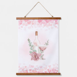 Rosa Weinflasche mit Weinglas Wandteppich Mit Holzrahmen