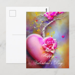 Rosa Weinherz und Rose Postkarte