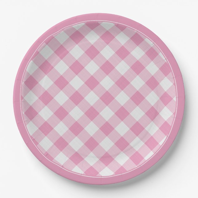 Rosa-Weiß-Gingham-Karo Muster Einfach Kariert Pappteller (Vorderseite)
