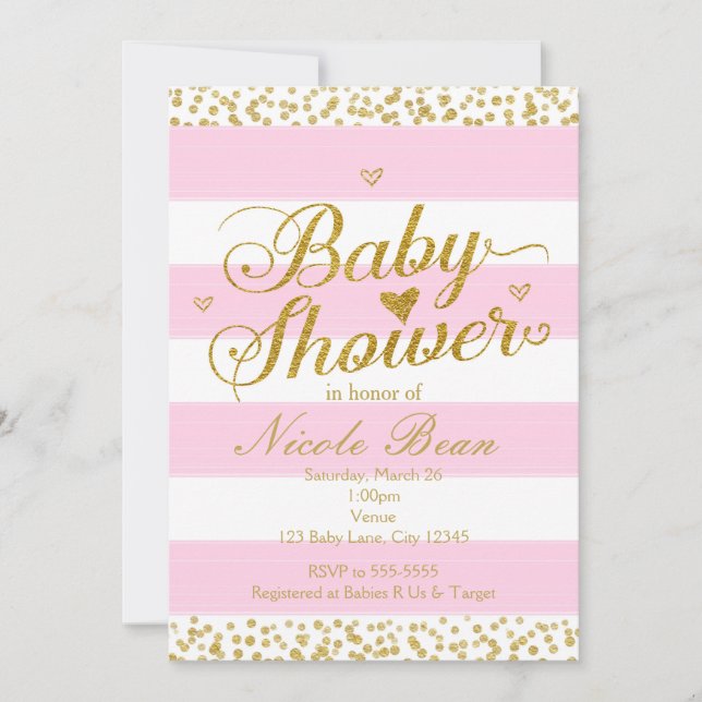 Rosa Weiß & Gold BABY SHOWER Girl Einladungen (Vorderseite)