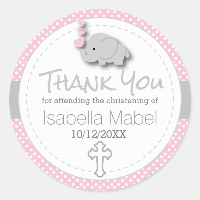 Rosa, Weiß Grau 🐘 Elephant Baby Christening Runder Aufkleber (Vorderseite)