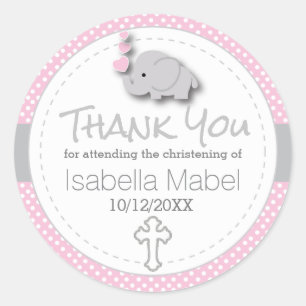 Rosa, Weiß Grau 🐘 Elephant Baby Christening Runder Aufkleber