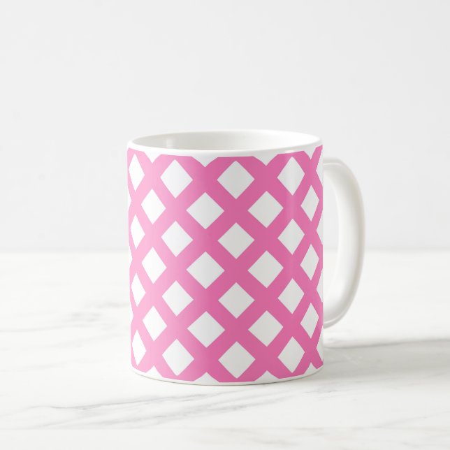 Rosa Weiß Schachbrett Diamantmuster Kaffeetasse (VorderseiteRechts)