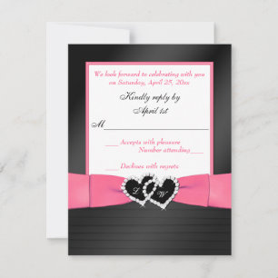 Rosa Weiß Schwarz FAUX Falten Herz Hochzeit RSVP 2 Einladung