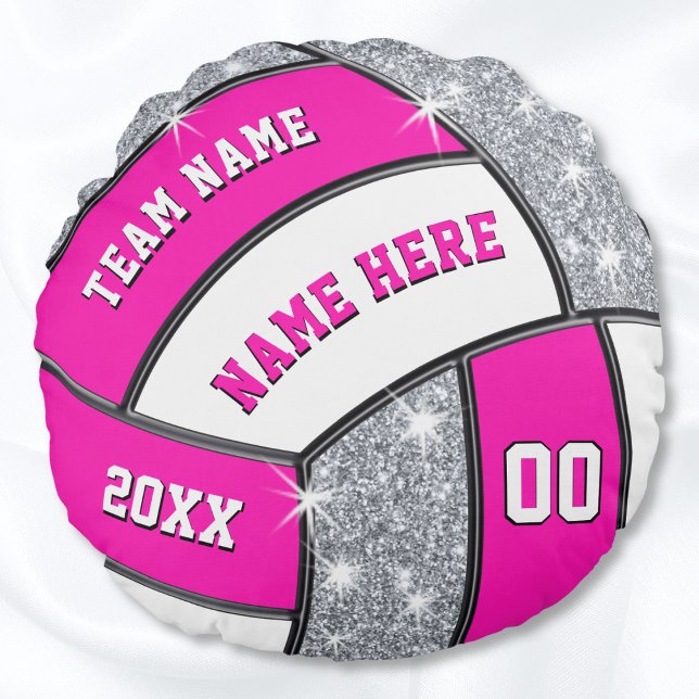 Rosa, weiß, silber, Personalisiertes Volleyballkis Rundes Kissen (Round volleyball pillow. Pink and white volleyball pillow. Unique volleyball gifts for girls.)
