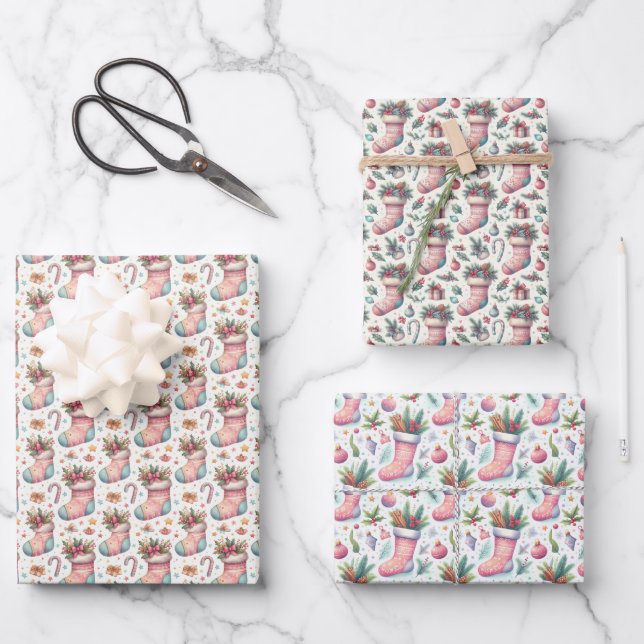 Rosa Weiß und Blau Weihnachten Strumpf Geschenkpapier Set (Vorderseite)
