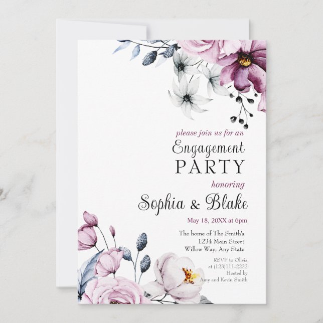 Rosa, Weiß und Blau | White Engagement Party Einladung (Vorderseite)
