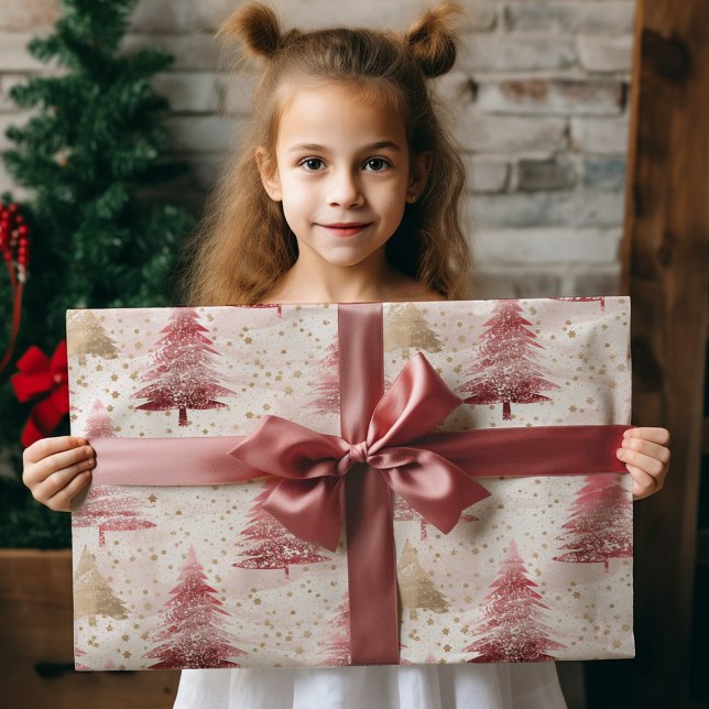 Rosa Weiß und Gold Pinsel Weihnachtsbaummuster Geschenkpapier (Von Creator hochgeladen)