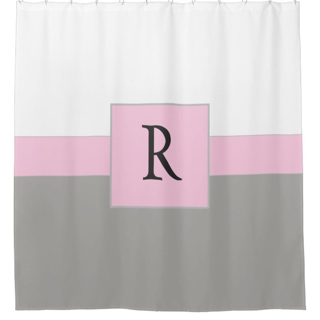 Rosa Weiß und Grau Monogramm Charm Duschvorhang (Vorderseite)