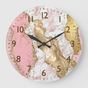 Rosa & Weiß und Imitate Gold Glitzer Agate Monogra Große Wanduhr