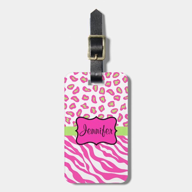 Rosa & Weiß Zebra & Cheeta Skin Personalisiert Gepäckanhänger (Vorderseite vertikal)