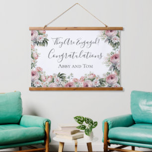Rosa Weißblütenbanner Elegante Verlobung Wandteppich Mit Holzrahmen