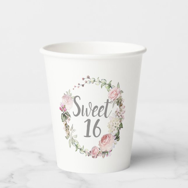 Rosa Weißblütenreste Sweet 16 Party Paper Cups Pappbecher (Vorderseite)
