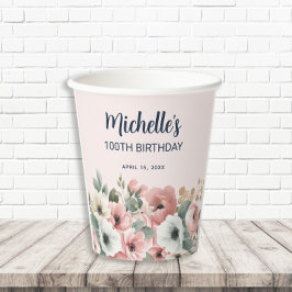 Rosa Weiße Aquarellblume 100. Geburtstag Pappbecher