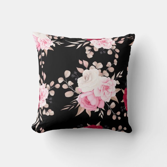 rosa, weiße blühende schwarze Erde Kissen (Vorderseite)