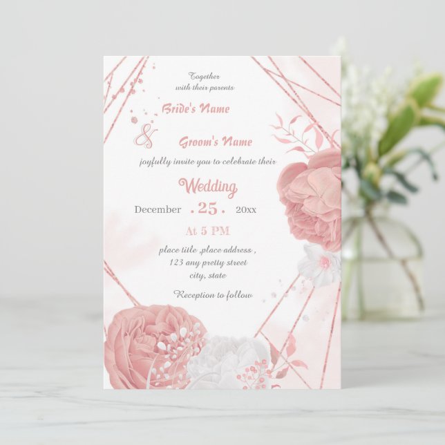 rosa-weiße Blume botanische geometrische Hochzeit Einladung (Stehend Vorderseite)