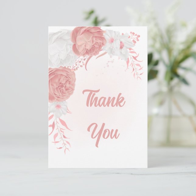 Rosa-weiße Blume botanische Hochzeit Dankeskarte (Stehend Vorderseite)