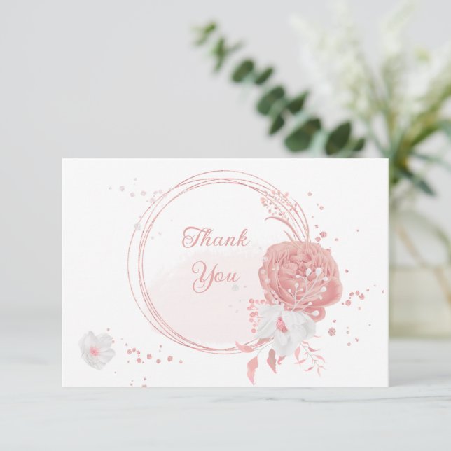Rosa-weiße Blume botanische Hochzeit Dankeskarte (Stehend Vorderseite)